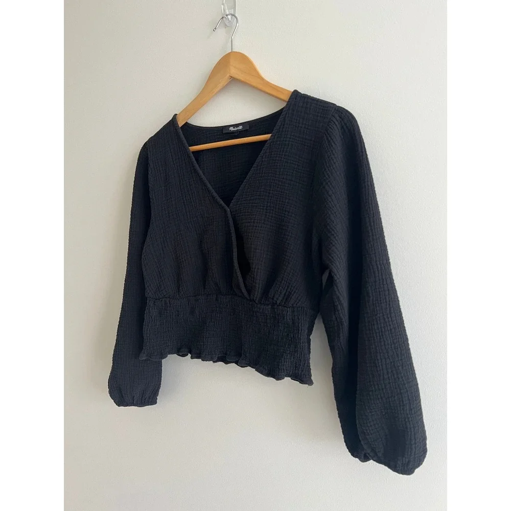Madewell Lightspun Julianne Smocked Waist Top Black Gauze Crop Large Boho Spring
